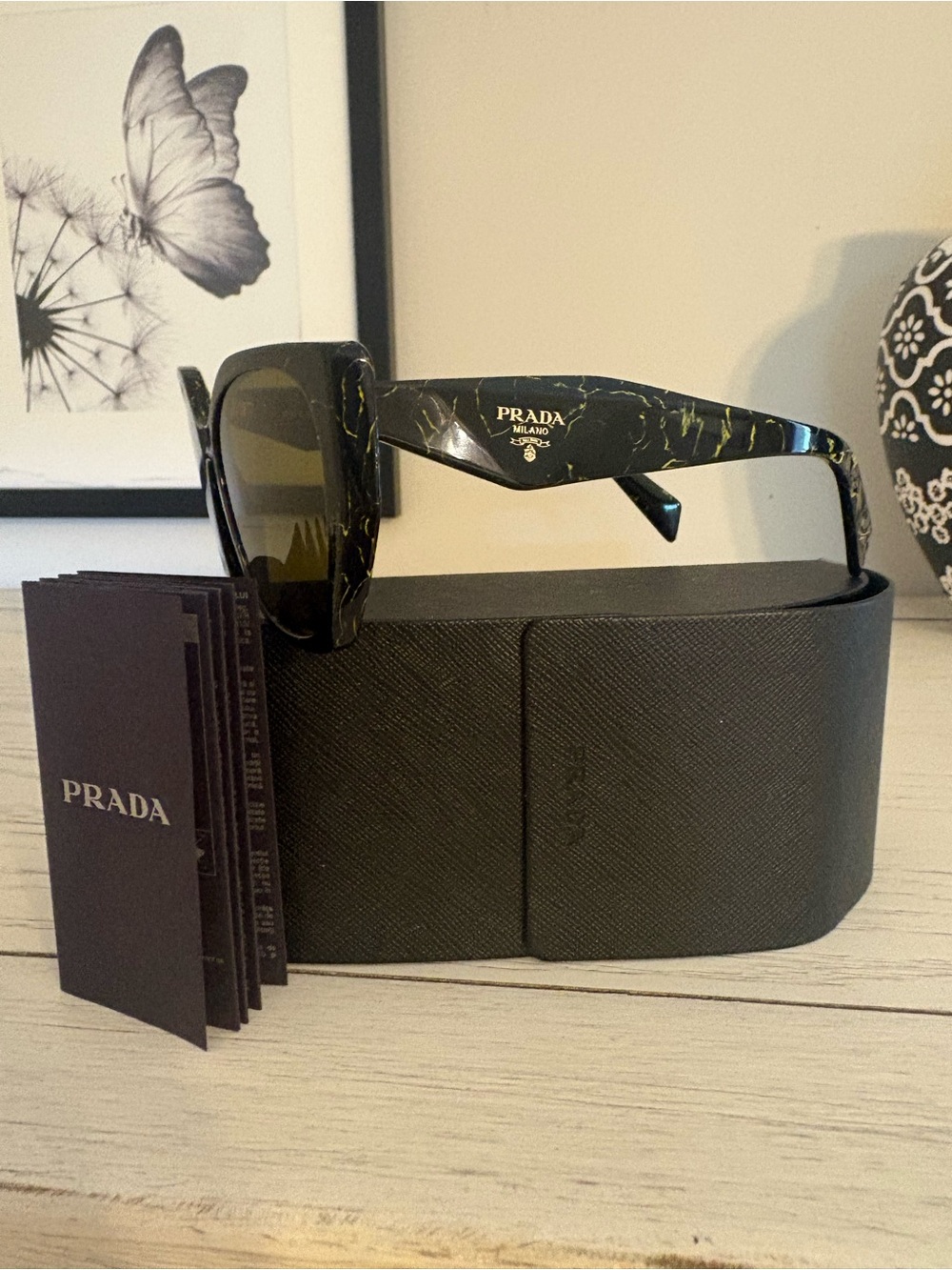 Prada Symbole Acetate Black Sunglasses with Subtle Green Marble Temples